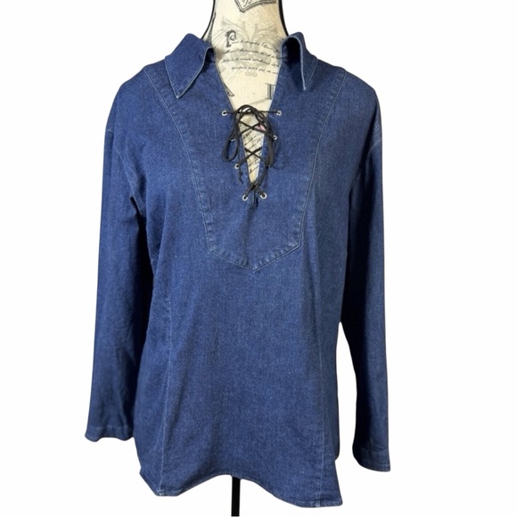 Reality Tops - Reality USA Denim Casual Trendy Leather Lace-Up Top Size Large